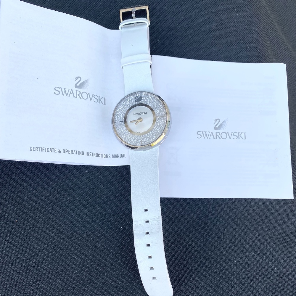 Vintage Swarovski Crystal Watch with White Leather Band and Silver Hardware